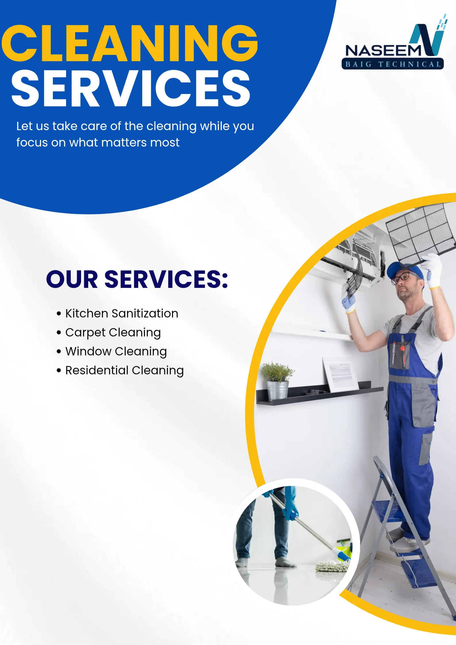 Cleaning services: kitchen sanitization, carpet, window and residential cleaning
